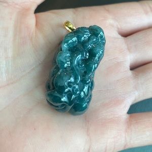 14K Solid Gold Carving Chinese Unicorn Fortune Peace Grade A Burma Jade Pendant